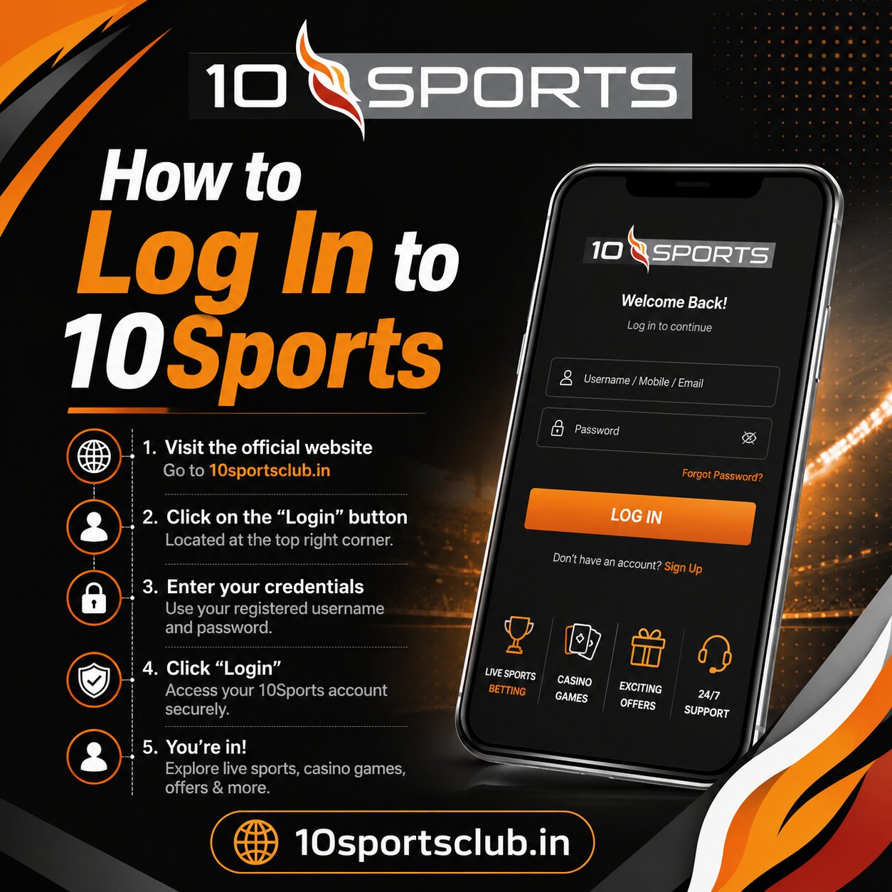 Secure 10Sports login process with mobile OTP verification