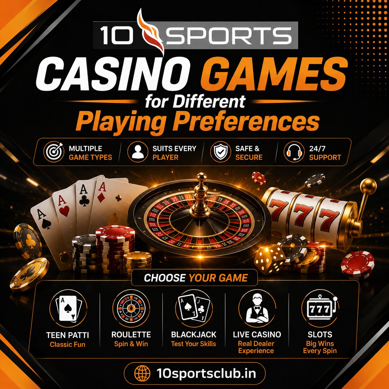 Live casino card games and slots available on 10Sports